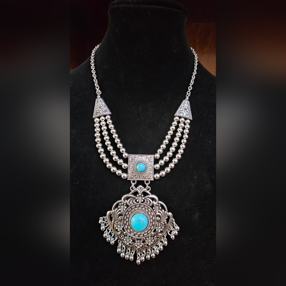 Bohemian Silver Tone and Faux Turquoise Statement Necklace with Ornate Pendant